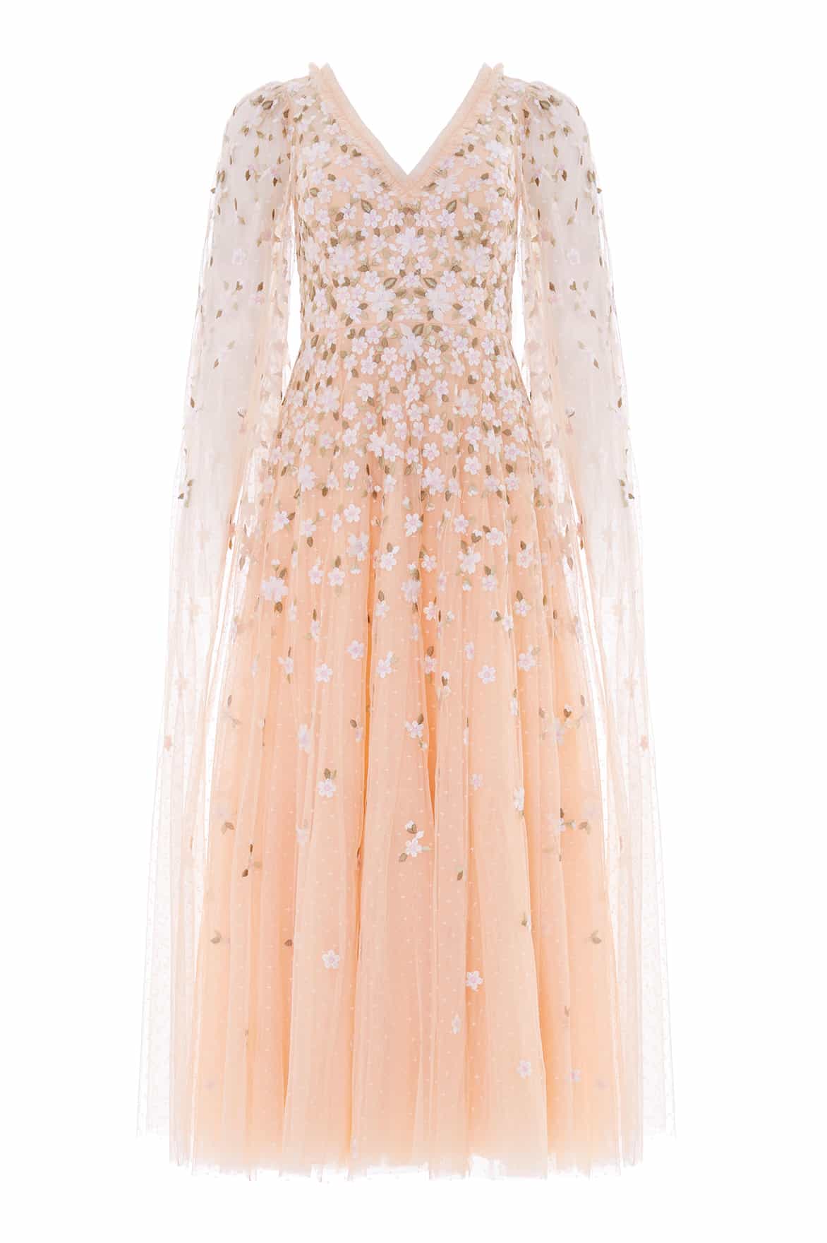 Needle & Thread Camellia Ditsy Cape Sleeve Ankle Gown in Apricot Blush/Multi - Dresses - British Luxury Evening Wear at Coveti