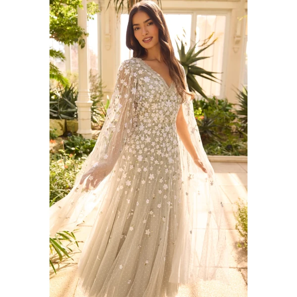 Needle & Thread Camellia Ditsy Cape Sleeve Ankle Gown in Seafoam/Multi - Dresses - British Luxury Evening Wear at Coveti