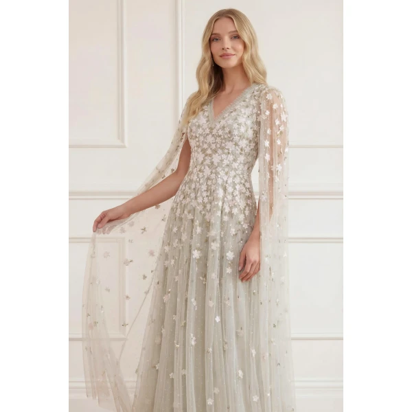 Needle & Thread Camellia Ditsy Cape Sleeve Ankle Gown in Seafoam/Multi - Dresses - British Luxury Evening Wear at Coveti