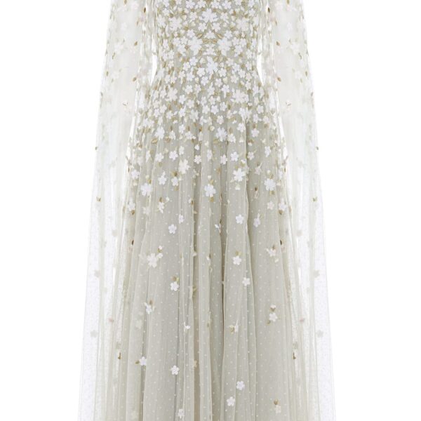 Needle & Thread Camellia Ditsy Cape Sleeve Ankle Gown in Seafoam/Multi - Dresses - British Luxury Evening Wear at Coveti