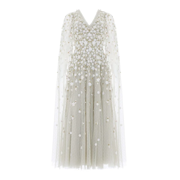 Needle & Thread Camellia Ditsy Cape Sleeve Ankle Gown in Seafoam/Multi - Dresses - British Luxury Evening Wear at Coveti