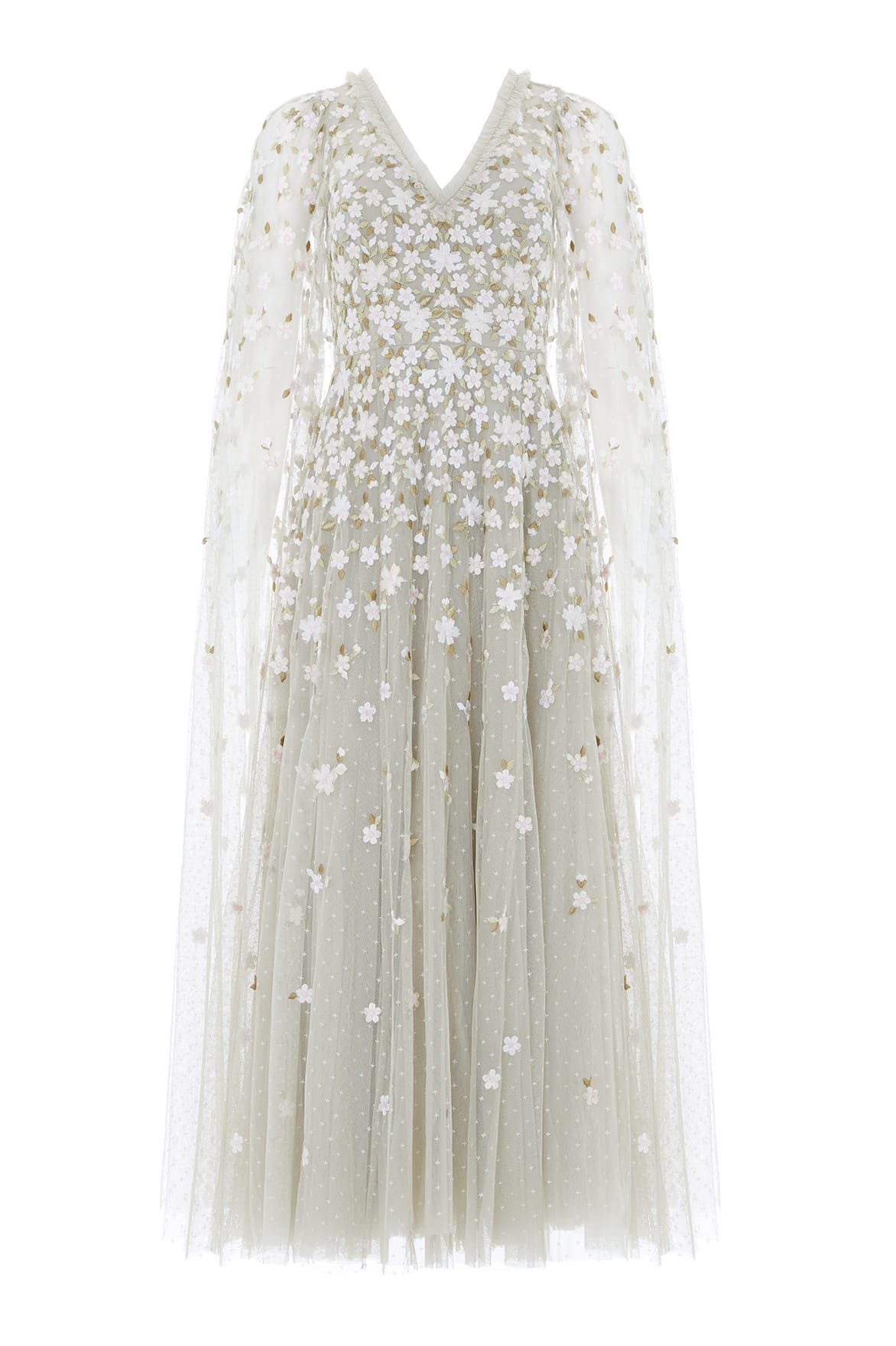Needle & Thread Camellia Ditsy Cape Sleeve Ankle Gown in Seafoam/Multi - Dresses - British Luxury Evening Wear at Coveti