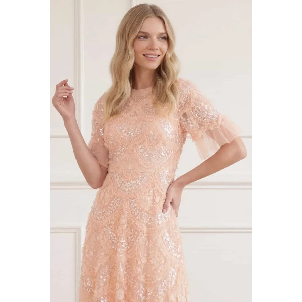 Needle & Thread Carmen Ruffle Ankle Gown in Apricot Blush - Dresses - British Luxury Evening Wear at Coveti
