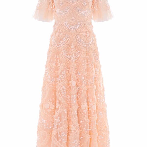 Needle & Thread Carmen Ruffle Ankle Gown in Apricot Blush - Dresses - British Luxury Evening Wear at Coveti
