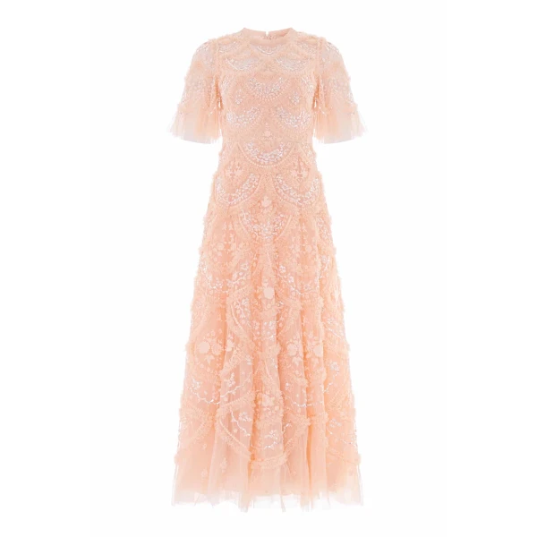 Needle & Thread Carmen Ruffle Ankle Gown in Apricot Blush - Dresses - British Luxury Evening Wear at Coveti