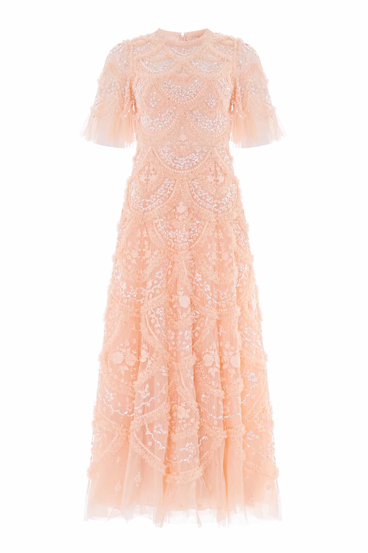 Needle & Thread Carmen Ruffle Ankle Gown in Apricot Blush - Dresses - British Luxury Evening Wear at Coveti