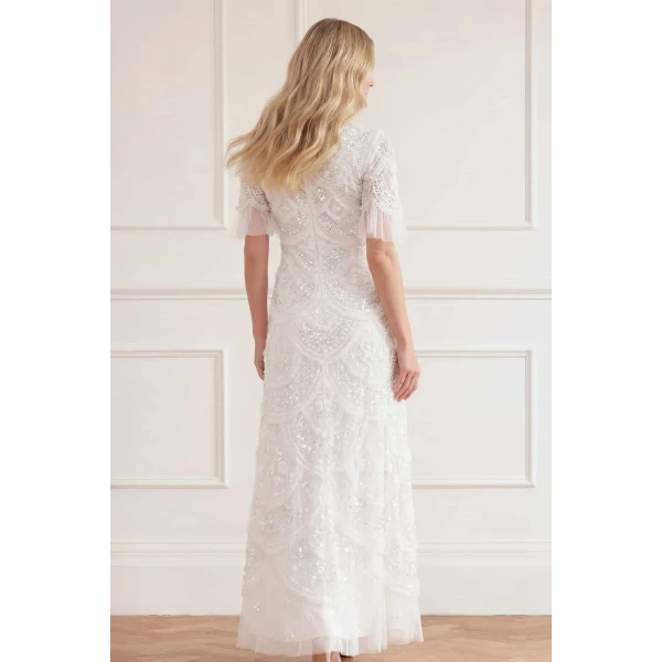 Needle & Thread Carmen Ruffle Ankle Gown in Swan White - Dresses - British Luxury Evening Wear at Coveti