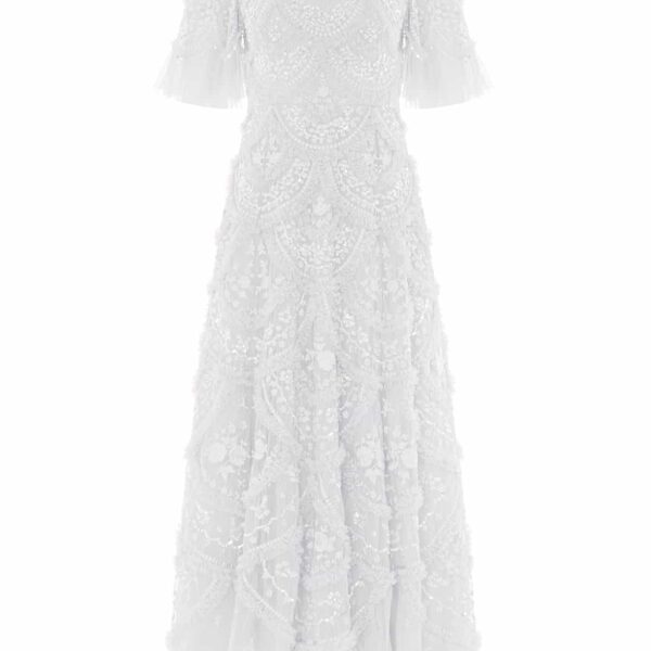 Needle & Thread Carmen Ruffle Ankle Gown in Swan White - Dresses - British Luxury Evening Wear at Coveti