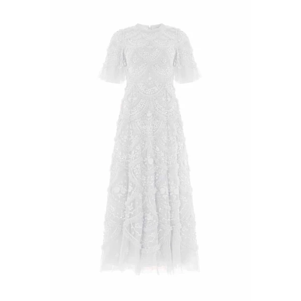 Needle & Thread Carmen Ruffle Ankle Gown in Swan White - Dresses - British Luxury Evening Wear at Coveti