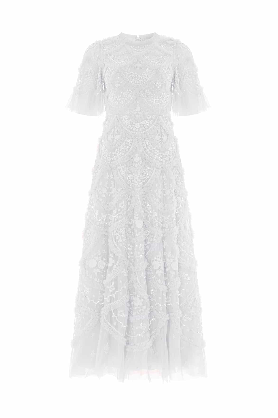 Needle & Thread Carmen Ruffle Ankle Gown in Swan White - Dresses - British Luxury Evening Wear at Coveti