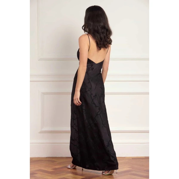Needle & Thread Cherry Blossom Satin Cami Gown in Jet Black - Dresses - British Luxury Evening Wear at Coveti