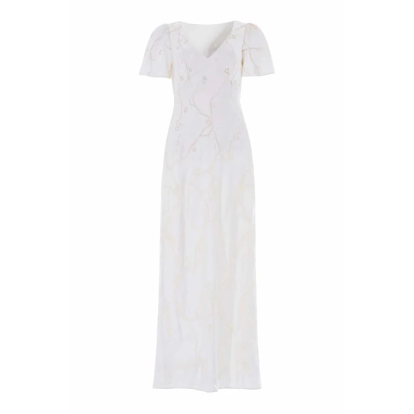 Needle & Thread Cherry Blossom Satin Short Sleeve Gown in Cream - Dresses - British Luxury Evening Wear at Coveti