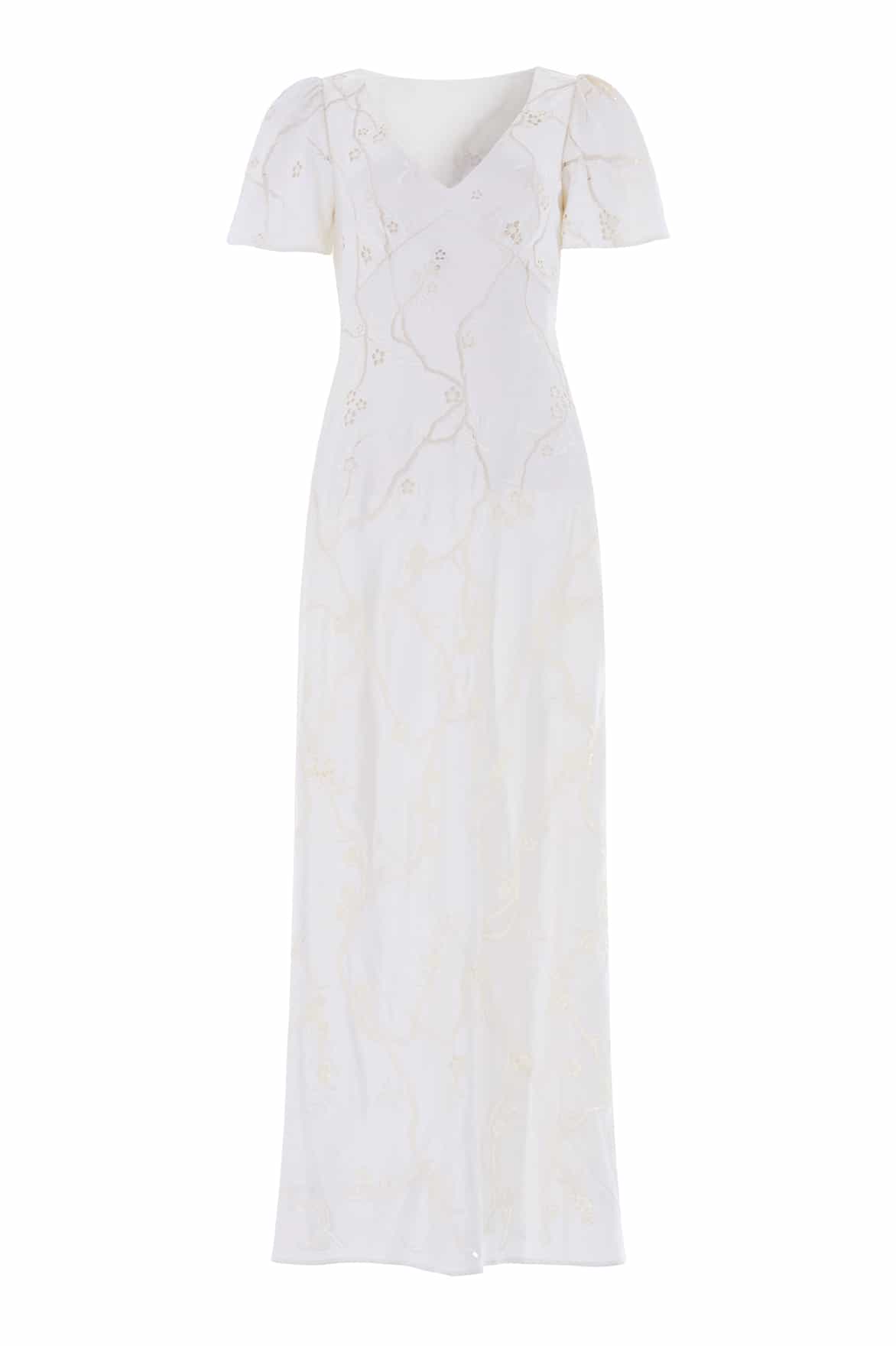 Needle & Thread Cherry Blossom Satin Short Sleeve Gown in Cream - Dresses - British Luxury Evening Wear at Coveti