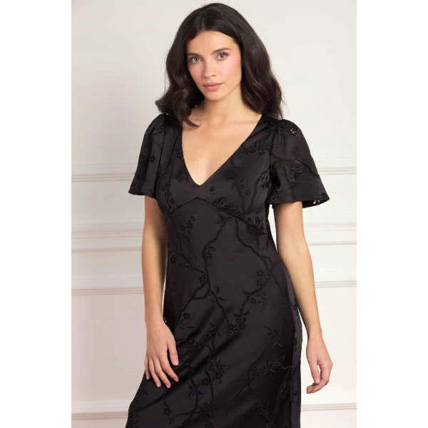 Needle & Thread Cherry Blossom Satin Short Sleeve Gown in Jet Black - Dresses - British Luxury Evening Wear at Coveti