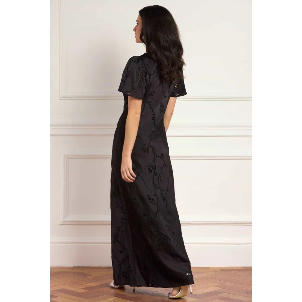 Needle & Thread Cherry Blossom Satin Short Sleeve Gown in Jet Black - Dresses - British Luxury Evening Wear at Coveti