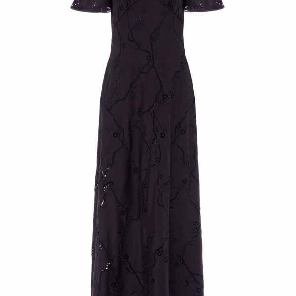 Needle & Thread Cherry Blossom Satin Short Sleeve Gown in Jet Black - Dresses - British Luxury Evening Wear at Coveti