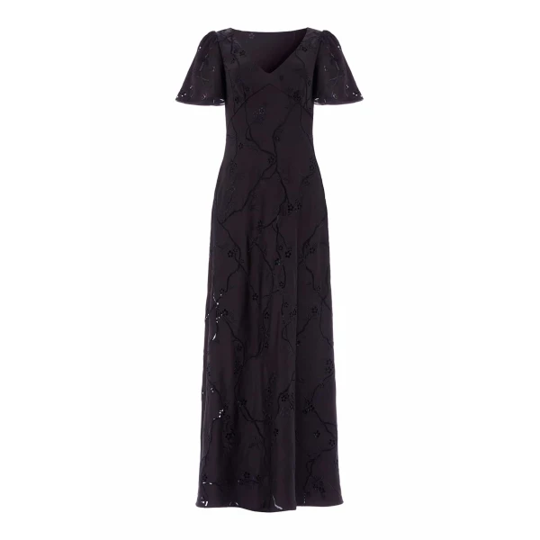 Needle & Thread Cherry Blossom Satin Short Sleeve Gown in Jet Black - Dresses - British Luxury Evening Wear at Coveti