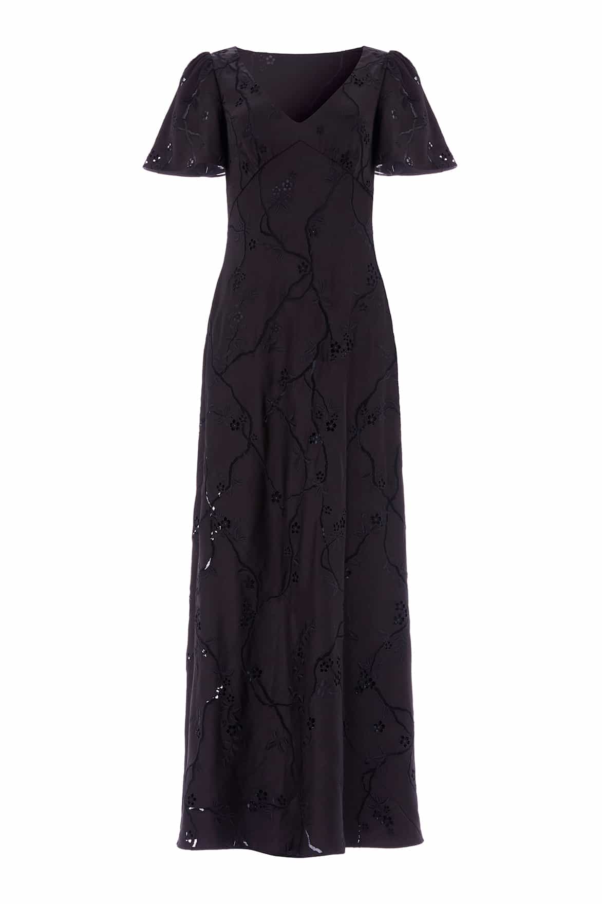 Needle & Thread Cherry Blossom Satin Short Sleeve Gown in Jet Black - Dresses - British Luxury Evening Wear at Coveti