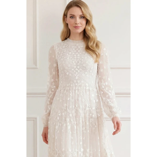 Needle & Thread Clover Long Sleeve Ankle Gown in Cream - Dresses - British Luxury Evening Wear at Coveti