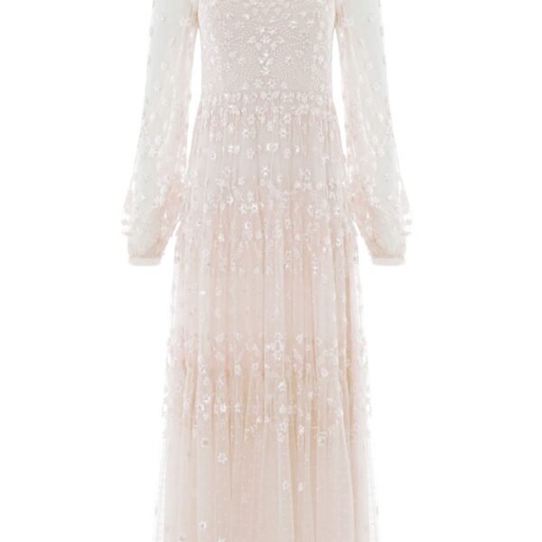 Needle & Thread Clover Long Sleeve Ankle Gown in Cream - Dresses - British Luxury Evening Wear at Coveti