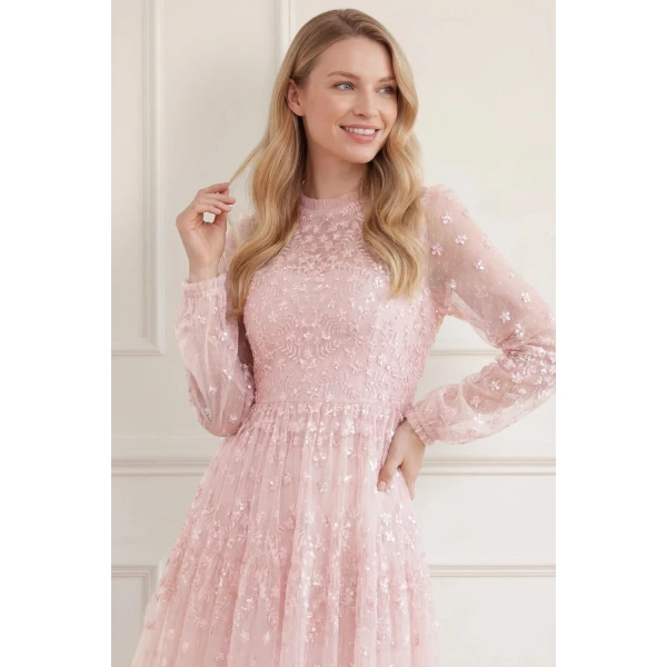 Needle & Thread Clover Long Sleeve Ankle Gown in Shell - Dresses - British Luxury Evening Wear at Coveti