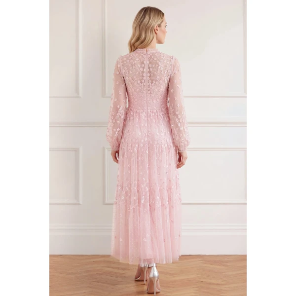 Needle & Thread Clover Long Sleeve Ankle Gown in Shell - Dresses - British Luxury Evening Wear at Coveti