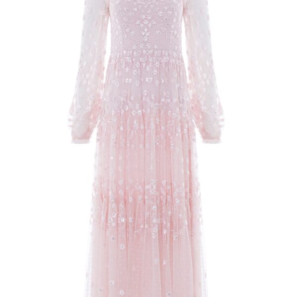 Needle & Thread Clover Long Sleeve Ankle Gown in Shell - Dresses - British Luxury Evening Wear at Coveti