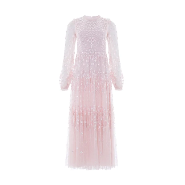 Needle & Thread Clover Long Sleeve Ankle Gown in Shell - Dresses - British Luxury Evening Wear at Coveti