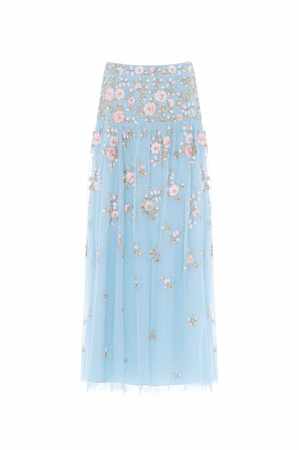 Needle & Thread Eden Rose Ankle Skirt in Aqua/Multi - Skirts - British Luxury Evening Wear at Coveti