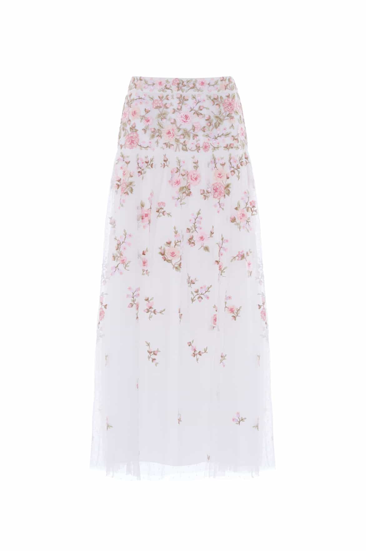 Needle & Thread Eden Rose Ankle Skirt in Swan White/Multi - Skirts - British Luxury Evening Wear at Coveti