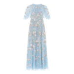 Needle & Thread Eden Rose Cape Ankle Gown in Aqua/Multi - Dresses - British Luxury Evening Wear at Coveti