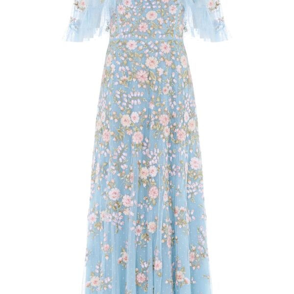 Needle & Thread Eden Rose Cape Ankle Gown in Aqua/Multi - Dresses - British Luxury Evening Wear at Coveti