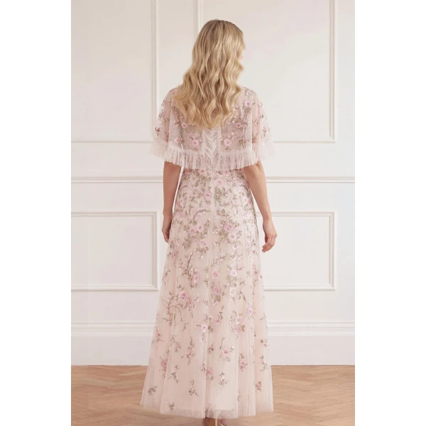 Needle & Thread Eden Rose Cape Ankle Gown in Cream/Multi - Dresses - British Luxury Evening Wear at Coveti