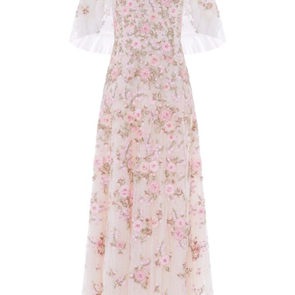 Needle & Thread Eden Rose Cape Ankle Gown in Cream/Multi - Dresses - British Luxury Evening Wear at Coveti