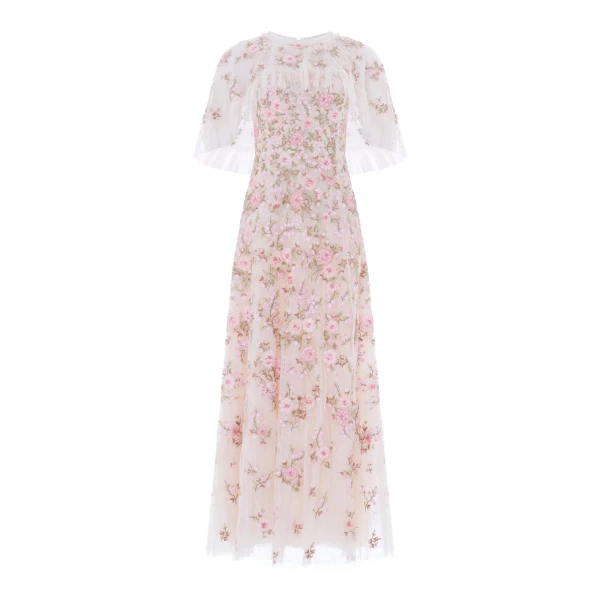 Needle & Thread Eden Rose Cape Ankle Gown in Cream/Multi - Dresses - British Luxury Evening Wear at Coveti