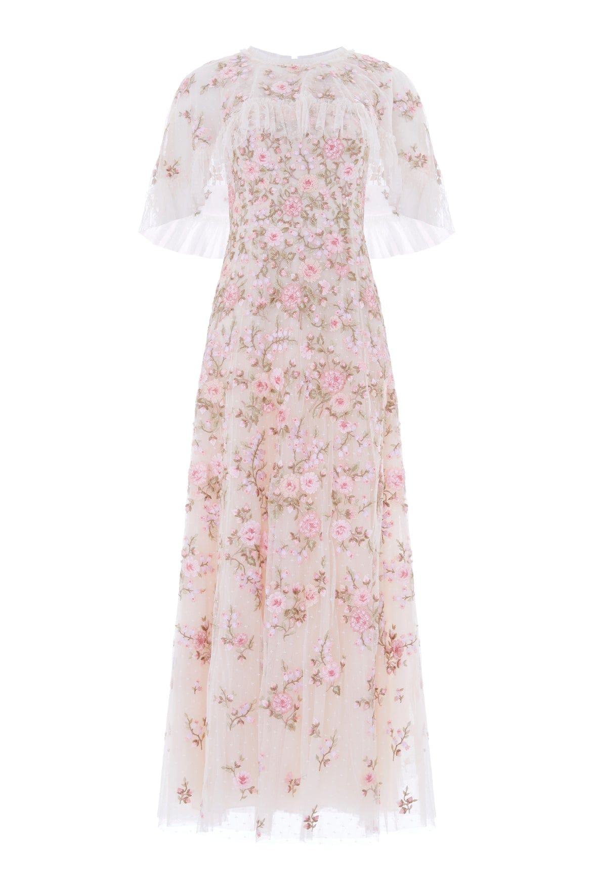 Needle & Thread Eden Rose Cape Ankle Gown in Cream/Multi - Dresses - British Luxury Evening Wear at Coveti