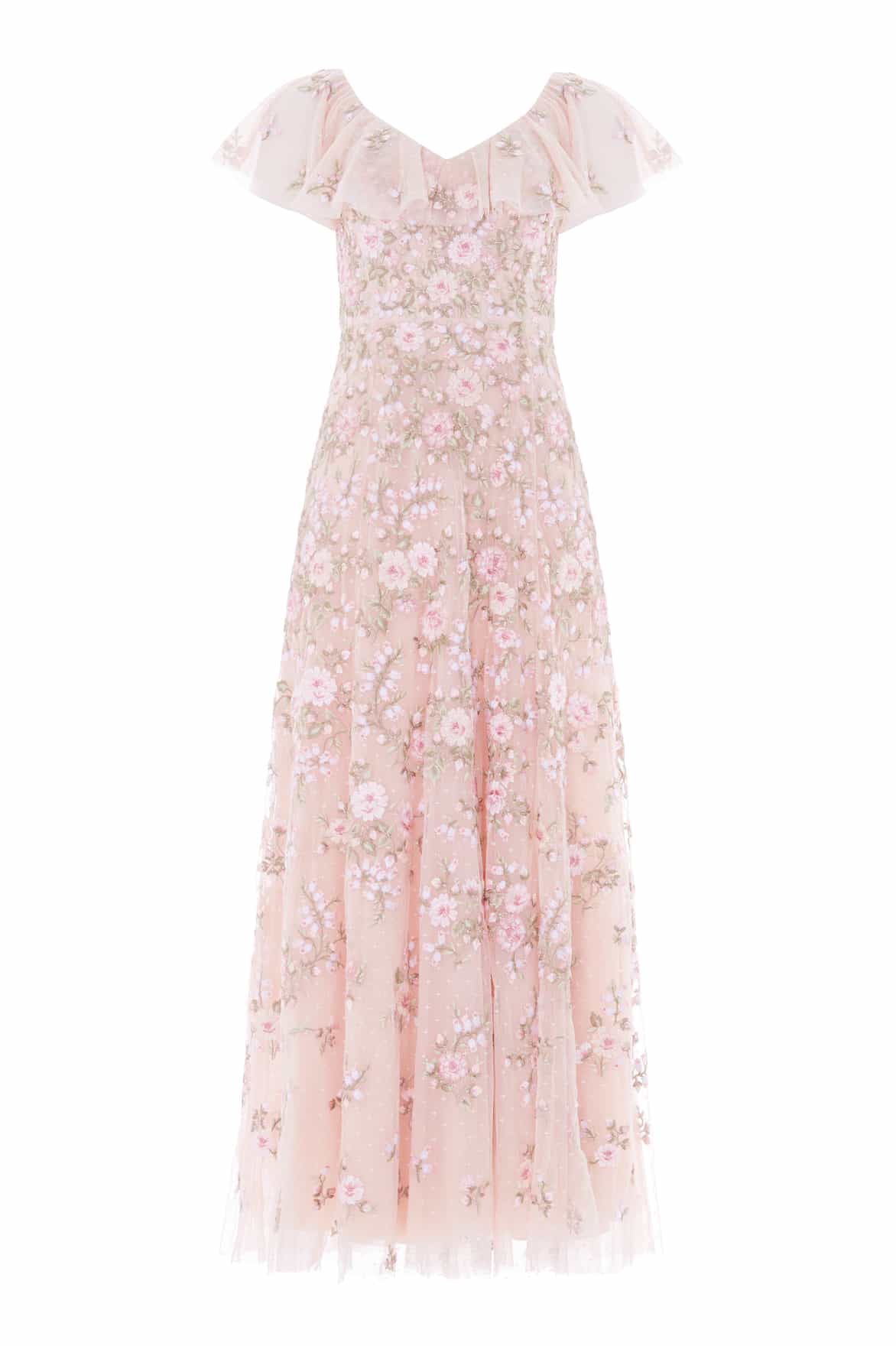 Needle & Thread Eden Rose V-Neck Ankle Gown in Opal/Multi - Dresses - British Luxury Evening Wear at Coveti