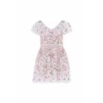 Needle & Thread Eden Rose V-Neck Micro Mini Dress in Swan White/Multi - Dresses - British Luxury Evening Wear at Coveti