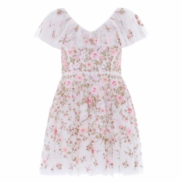 Needle & Thread Eden Rose V-Neck Micro Mini Dress in Swan White/Multi - Dresses - British Luxury Evening Wear at Coveti