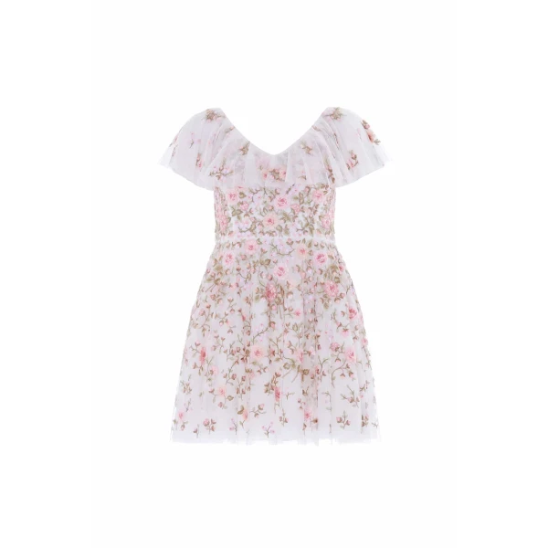 Needle & Thread Eden Rose V-Neck Micro Mini Dress in Swan White/Multi - Dresses - British Luxury Evening Wear at Coveti