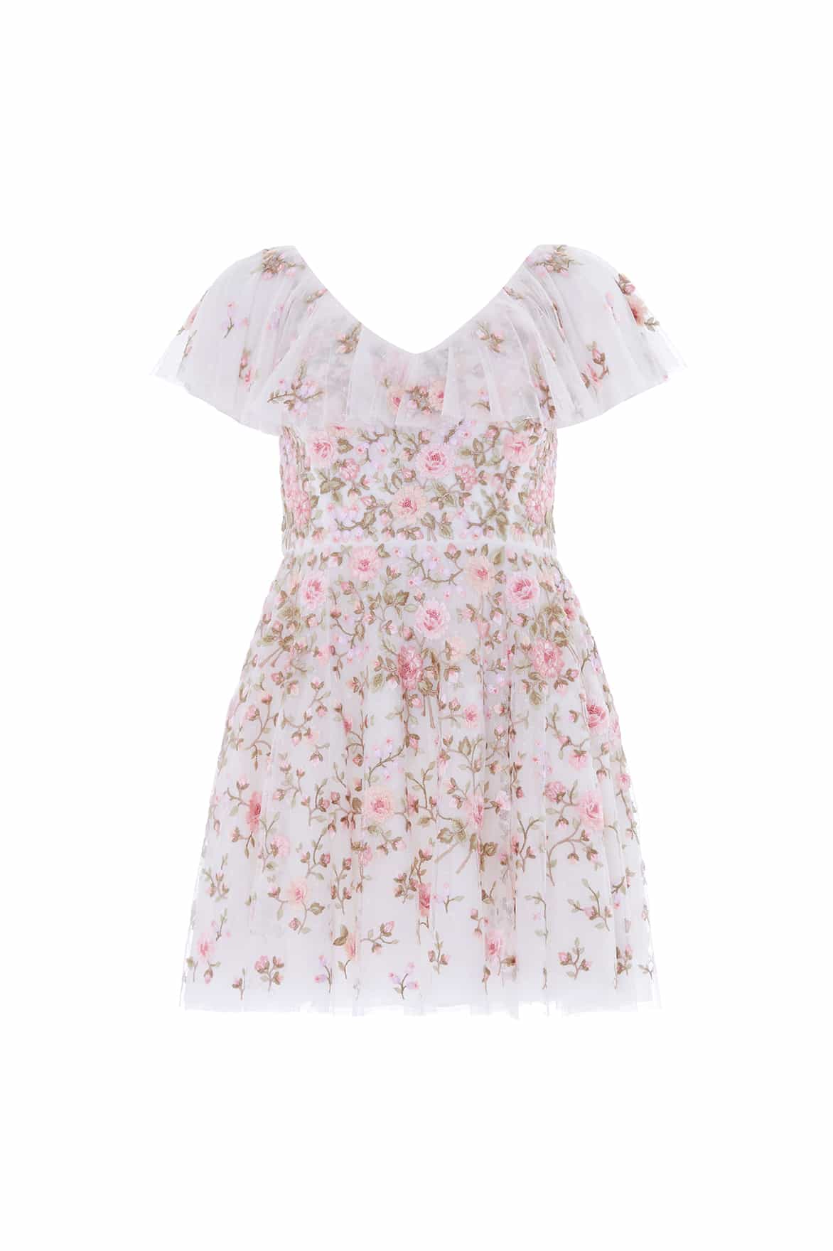 Needle & Thread Eden Rose V-Neck Micro Mini Dress in Swan White/Multi - Dresses - British Luxury Evening Wear at Coveti