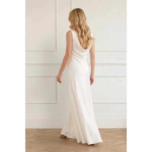 Needle & Thread Evangeline Satin Cowl Neck Gown in Chalk - Dresses - British Luxury Evening Wear at Coveti