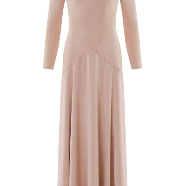Needle & Thread Evangeline Satin Cowl Neck Long Sleeve Gown in Biscui - Dresses - British Luxury Evening Wear at Coveti