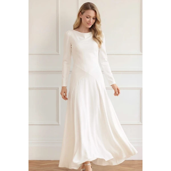 Needle & Thread Evangeline Satin Cowl Neck Long Sleeve Gown in Chalk - Dresses - British Luxury Evening Wear at Coveti