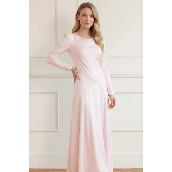 Needle & Thread Evangeline Satin Cowl Neck Long Sleeve Gown in Shell - Dresses - British Luxury Evening Wear at Coveti