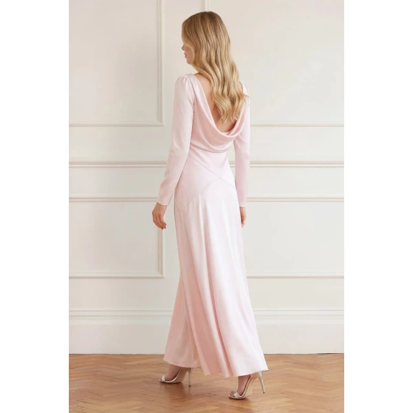 Needle & Thread Evangeline Satin Cowl Neck Long Sleeve Gown in Shell - Dresses - British Luxury Evening Wear at Coveti