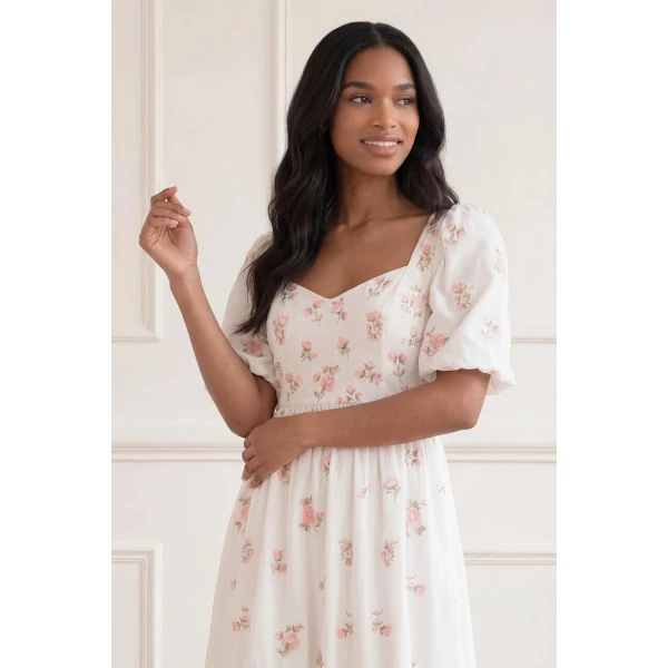 Needle & Thread Flora Ditsy Cotton Ankle Gown in Chalk - Dresses - British Luxury Evening Wear at Coveti