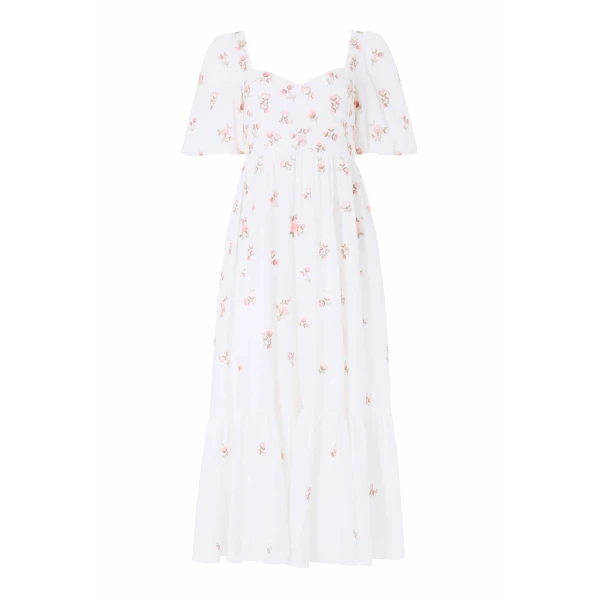 Needle & Thread Flora Ditsy Cotton Ankle Gown in Chalk - Dresses - British Luxury Evening Wear at Coveti