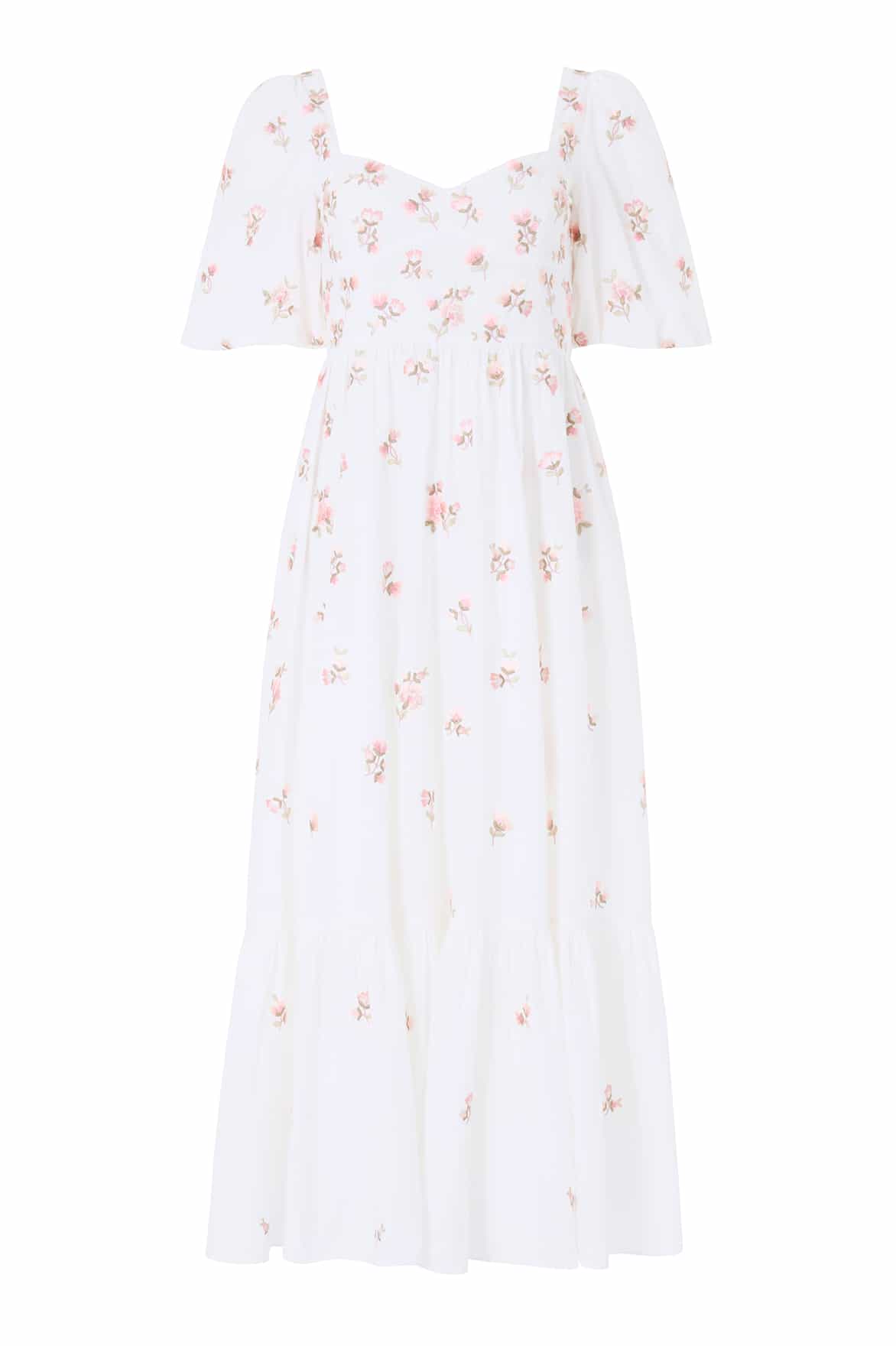 Needle & Thread Flora Ditsy Cotton Ankle Gown in Chalk - Dresses - British Luxury Evening Wear at Coveti