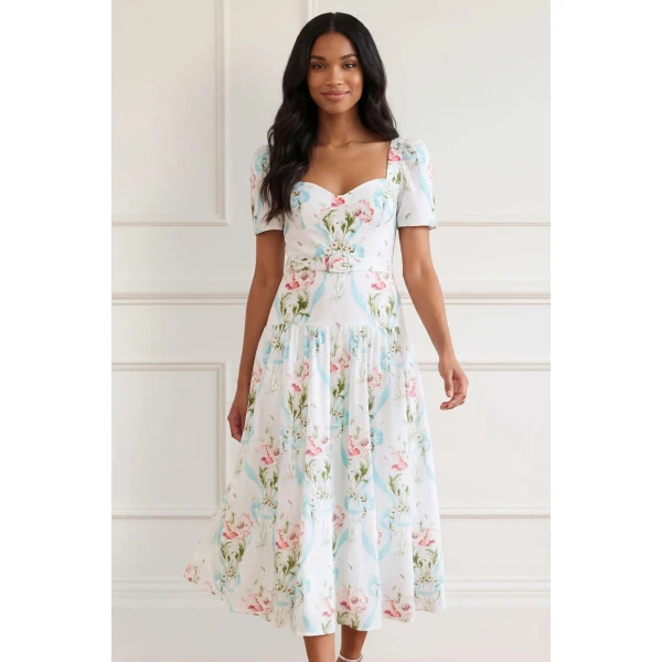 Needle & Thread Floral Ribbon Cotton Ballerina Dress in Optic White/Blue - Dresses - British Luxury Evening Wear at Coveti